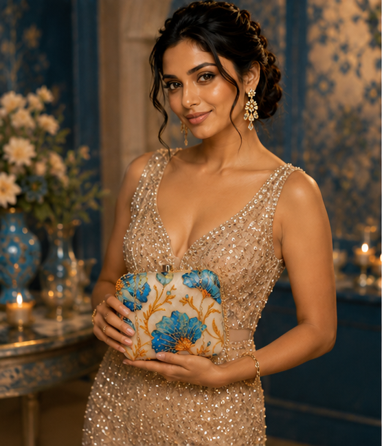 Royal Blue Floral Embroidery Sling Bag | Handmade Embroidered Floral Clutch Purse for Women