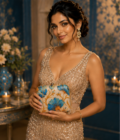 Royal Blue Floral Embroidery Sling Bag | Handmade Embroidered Floral Clutch Purse for Women
