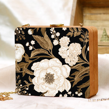 Midnight Floral Wood Clutch