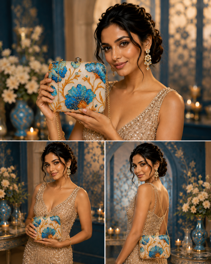 Royal Blue Floral Embroidery Sling Bag | Handmade Embroidered Floral Clutch Purse for Women