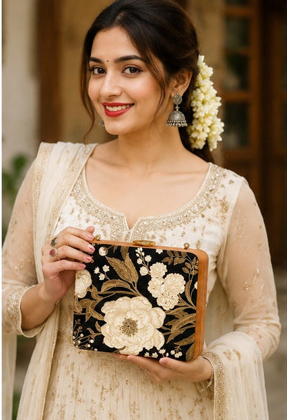 Midnight Floral Wood Clutch