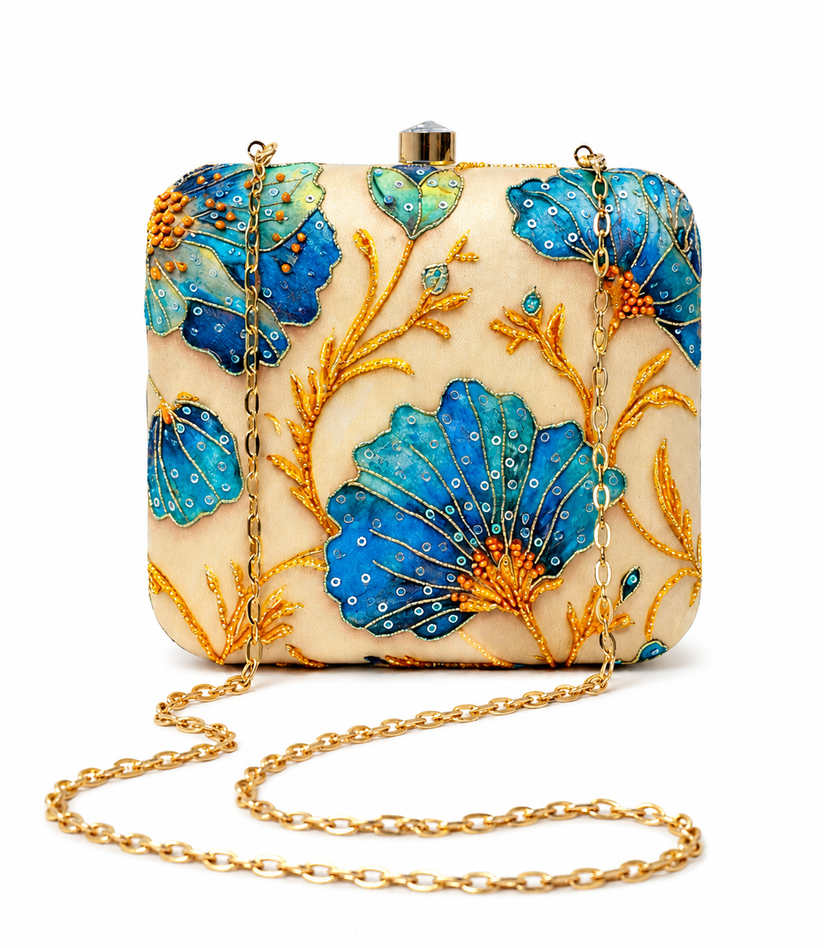 Royal Blue Floral Embroidery Sling Bag | Handmade Embroidered Floral Clutch Purse for Women