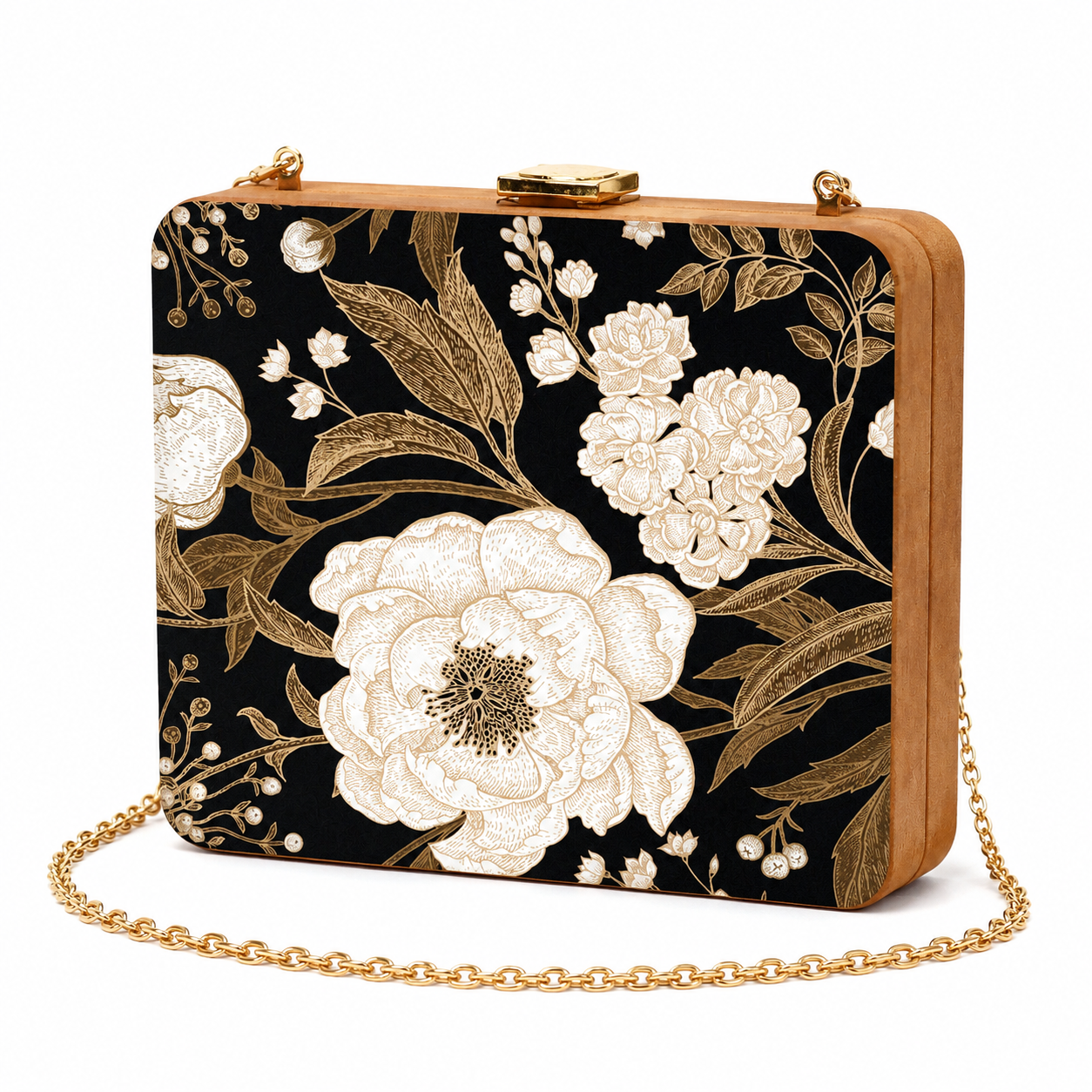 Midnight Floral Wood Clutch