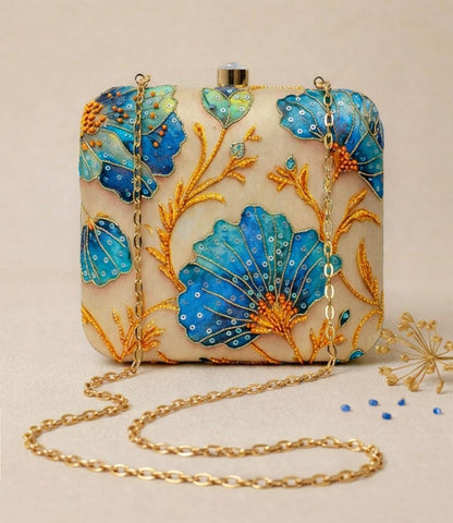 Royal Blue Floral Embroidery Sling Bag | Handmade Embroidered Floral Clutch Purse for Women