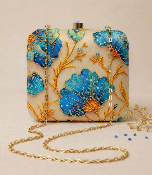 Royal Blue Floral Embroidery Sling Bag | Handmade Embroidered Floral Clutch Purse for Women