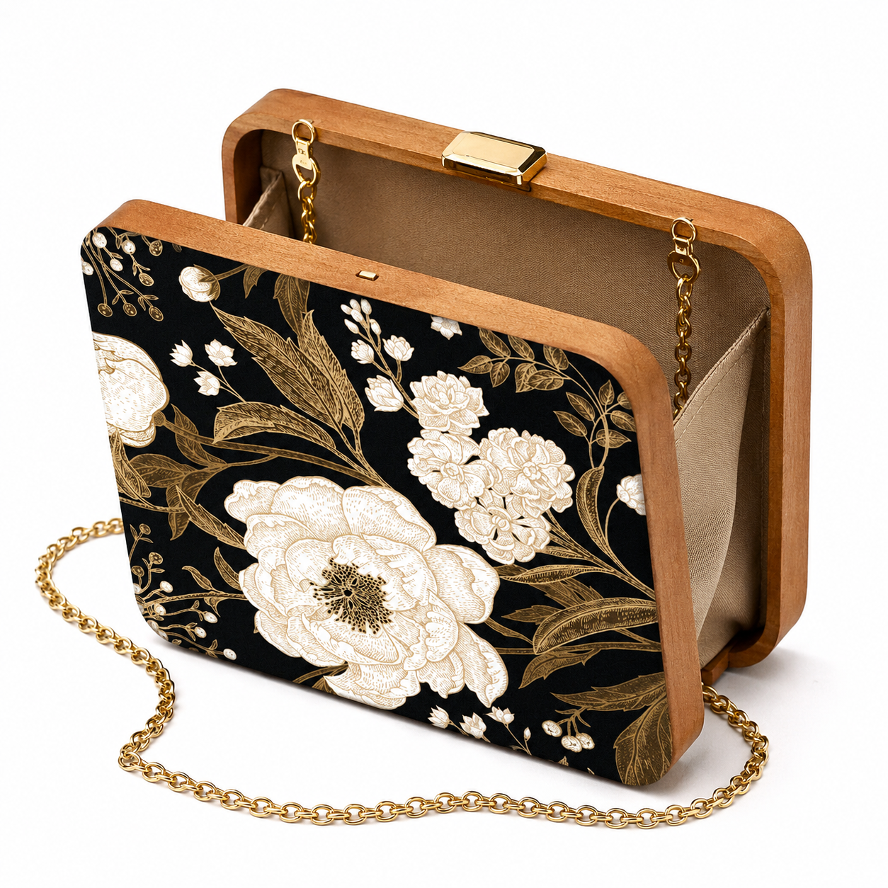 Midnight Floral Wood Clutch