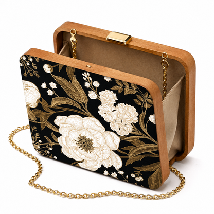 Midnight Floral Wood Clutch