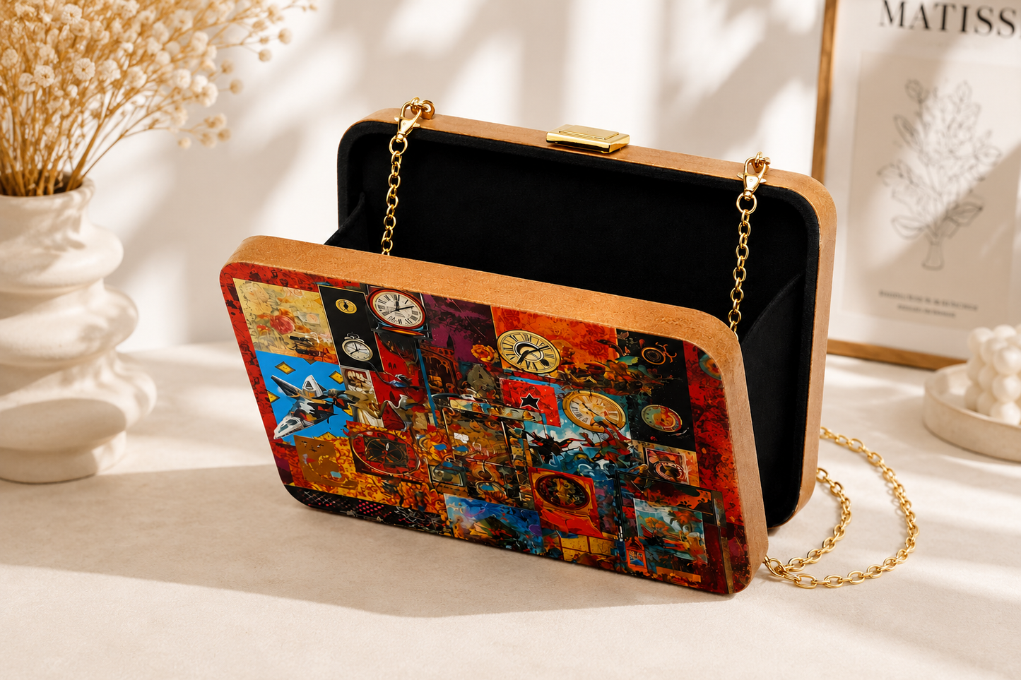 Vintage Timepiece Wooden Purse