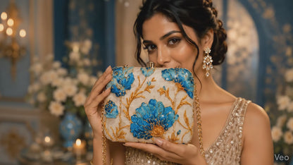 Royal Blue Floral Embroidery Sling Bag | Handmade Embroidered Floral Clutch Purse for Women