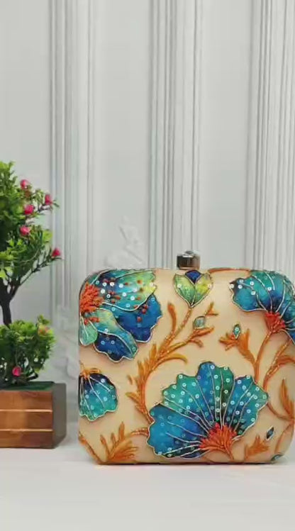 Royal Blue Floral Embroidery Sling Bag | Handmade Embroidered Floral Clutch Purse for Women